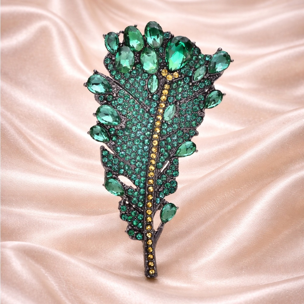 Emerald Crystal Leaf Brooch